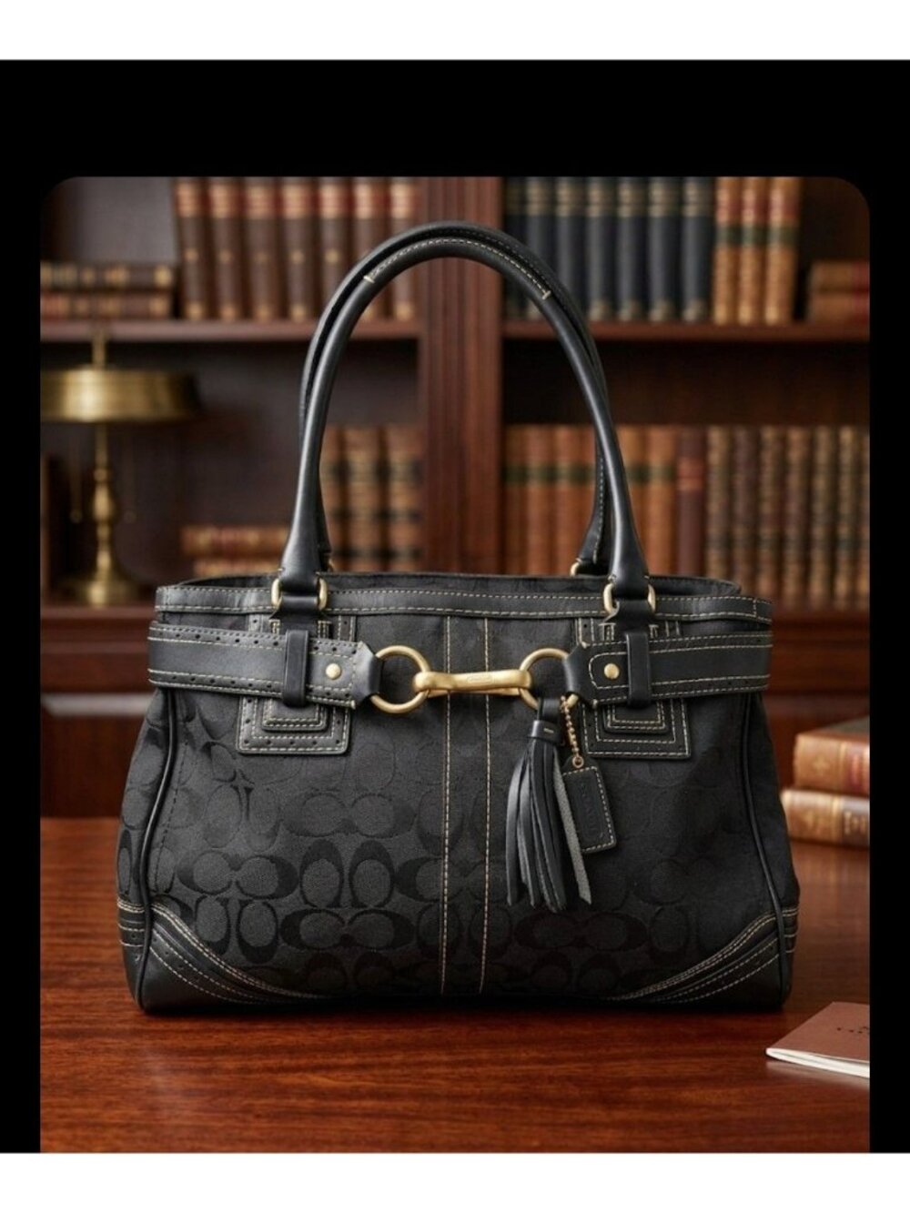Coach Vintage Y2k Black Hampton Jacquard Signature Leather Trim Satchel Bag